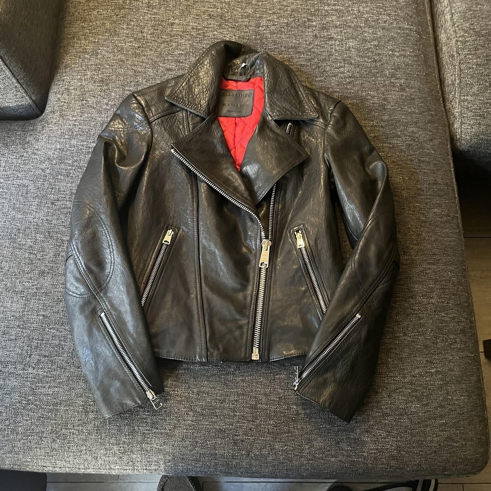 AllSaints Jacket Womens 0 Black Leather Moto Biker Asym Zip Quilted Lining